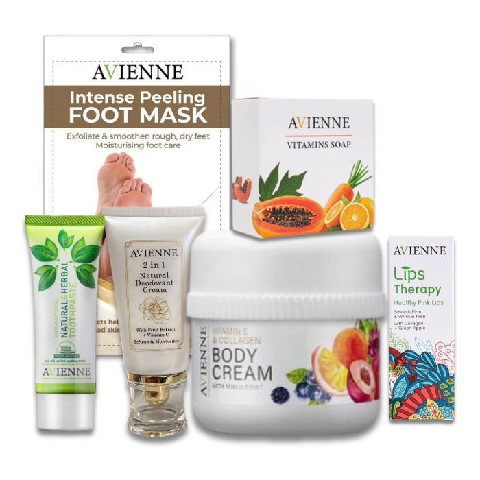 Essential Personal Care Set ( Toothpaste, Deodorant, Foot mask, Body Cream, Lip therapy, Vitamin soap)